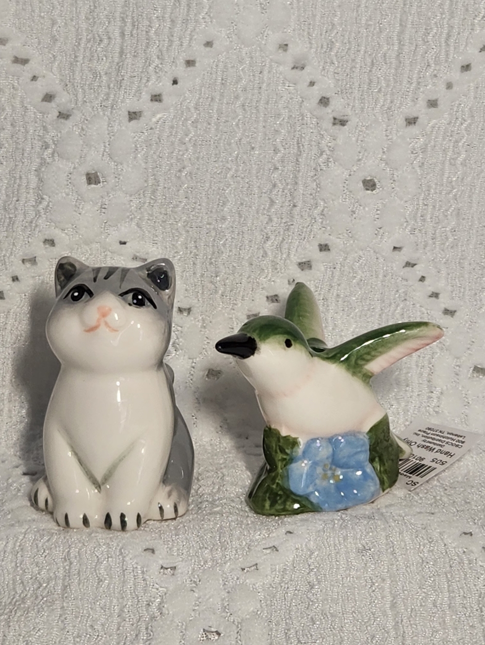 Salt And Pepper Shakers Ceramic Miniatures,  Cat And Hummingbird